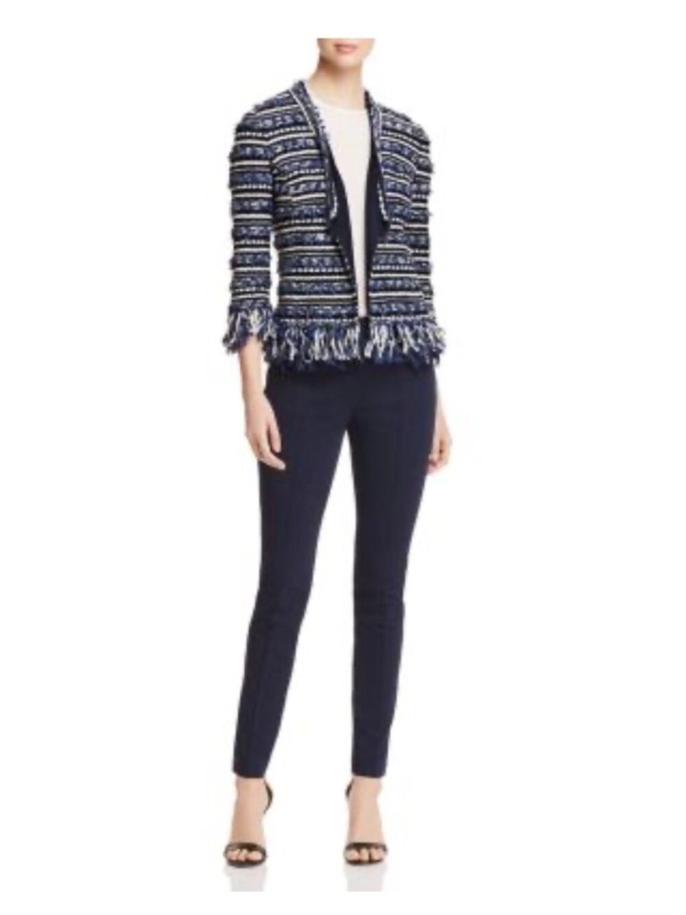 St. John Lofty Floats fringe-trimmed knit open-front jacket blue white striped S
